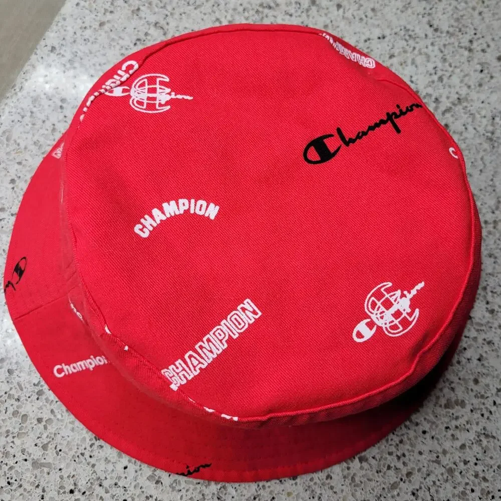 NWOT Champion Reversible Logo Script Bucket Hat L/XL Red All Over Print Spellout
